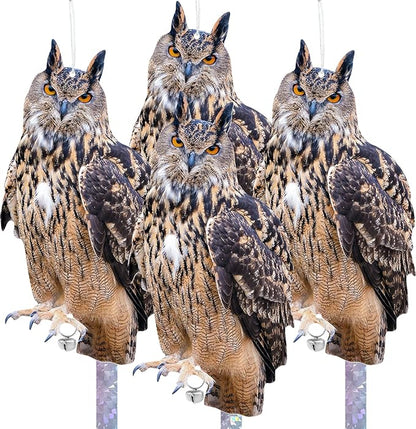 Owls to Keep Birds Away: 4 Pack Fake Owls with Reflective Tape for Garden Patio, Bird Scare Reflective Hanging Decoration to Keep Birds Pigeon from Windows Tree Garden