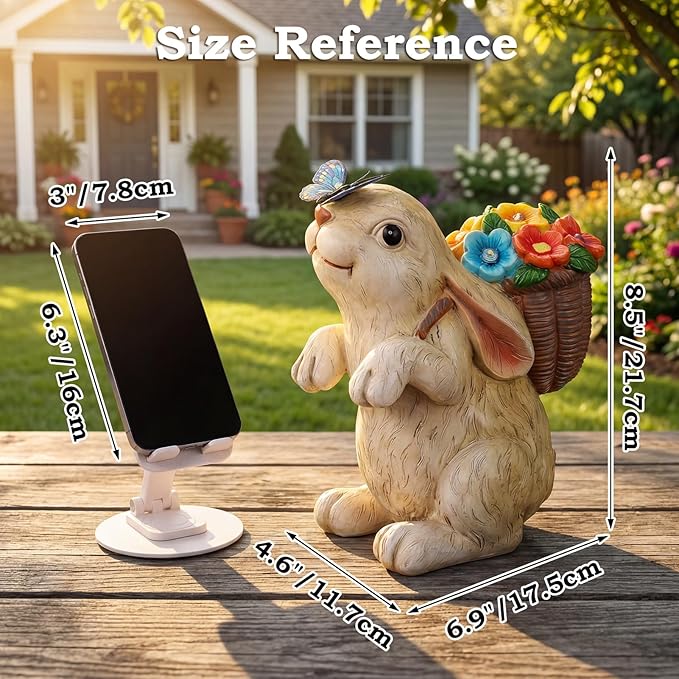 PETAFLOP Solar Bunny Garden Decor, Rabbit with Flower Basket & Butterfly for Yard, Patio, Pathway, Lawn, Patio, Balcony