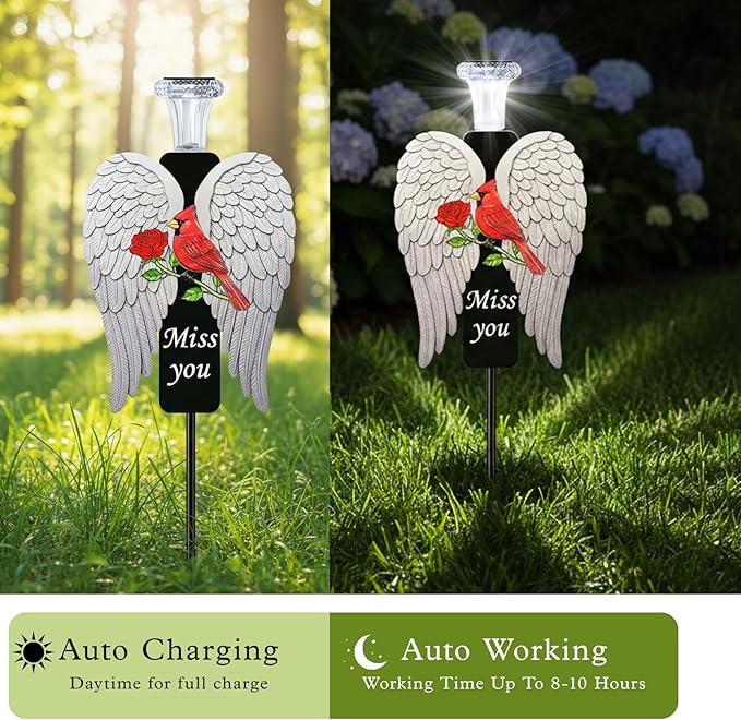 20-Inch Solar Angel Wings Memorial Stake with Red Cardinal - Metal Cemetery Decorations for Grave - Weatherproof Sympathy Gift for Loss of Loved One(Angel Wings)