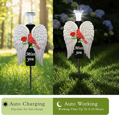 20-Inch Solar Angel Wings Memorial Stake with Red Cardinal - Metal Cemetery Decorations for Grave - Weatherproof Sympathy Gift for Loss of Loved One(Angel Wings)