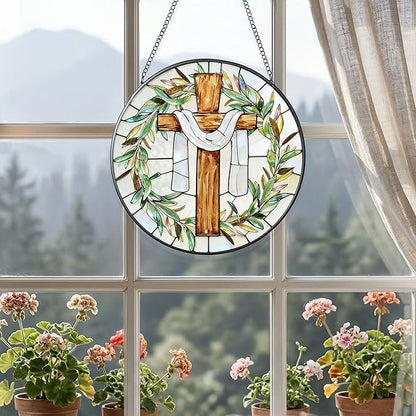 7.9 Inch Cross and Olive Leaves Stained Glass Suncatcher, Cross Sunset Suncatchers for Windows Hanging Indoor Decor, Stained Glass Gift, Christian Gifts, Religious Gifts, Window Decor