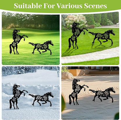 2 Pcs Year of The Horse Metal Garden Stakes, Running & Jumping Horse Silhouette Yard Art, Outdoor Lawn Patio Decor for Lunar New Year Rustic Metal Yard Stakes for Garden Pathway Farm Decor