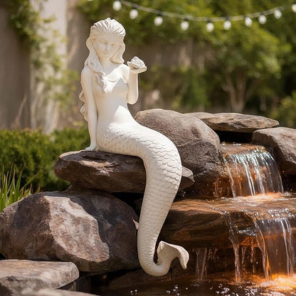 Mermaid Statue Outdoor, Large 25.6 Inch Garden Sculpture Figurines for Lawn and Patio Decor, Durable MGO Stone Yard Art with Weatherproof Finish for Indoor Decor Christmas Gift Antique White
