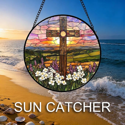 DASTOLL Christian Gifts for Women - Cross Stained Glass Window Hanging Easter Wildflower Sunset Scenery Sun Catcher Garden Religion Decor Mother's Day Catholic Gift for Men Grandma Nana Her 6.3"