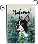 Welcome Winter Garden Flags Boston Terrier Garden Flag Cardinal Birds on Snowy Pine Tree Flag Dog Yard Flags for Outside 12x18 Double Sided Christmas Decorative Lawn Flags