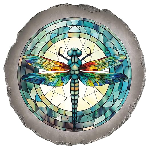 Magnolia Garden 10-Inch Stained Glass Dragonfly Decorative Stepping Stone – Jewel Toned Resin Garden Walkway Tile – Tiffany Style Mosaic Outdoor Accent