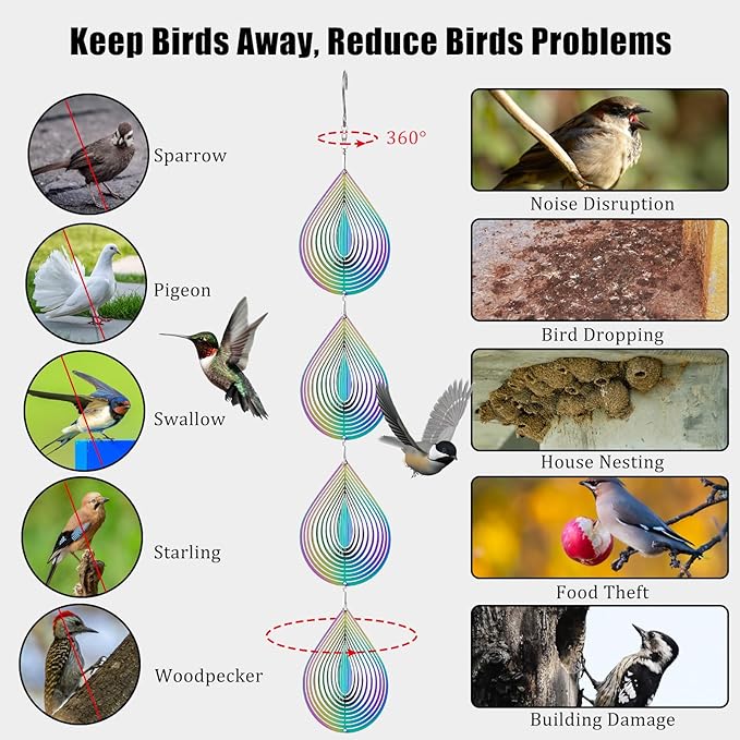 Rainbow Metal Wind Spinners Outdoor Garden Yard Decor, Bird Scare Discs Reflectors to Keep Birds Away, Holographic Reflective Bird Devices Deterrents for Outside Patio Fruit Trees (Water Droplet)