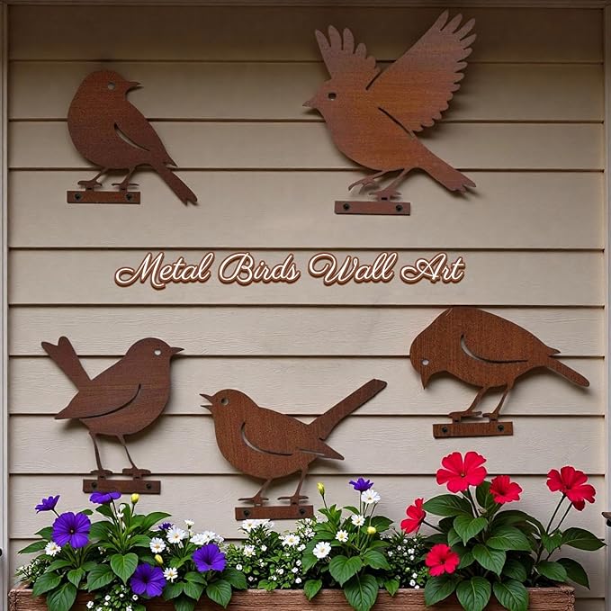 5PCS Rusty Metal Birds Decor, Metal Bird Silhouette Art, Rustic Outdoor Fence Decor, Garden Yard Art Ornaments, Vintage Metal Bird Sculptures for Patio, Tree, Wall, Farmhouse