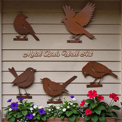 5PCS Rusty Metal Birds Decor, Metal Bird Silhouette Art, Rustic Outdoor Fence Decor, Garden Yard Art Ornaments, Vintage Metal Bird Sculptures for Patio, Tree, Wall, Farmhouse