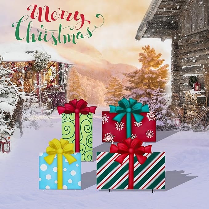 WONDER GARDEN 4PCS Box Sign, Metal Box Yard Stakes, Stacked or Detachable Garden Stakes Yard Signs, Outdoor Christmas Decorations for Lawn Party Outside