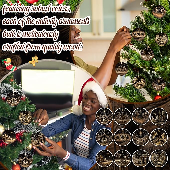 Soaoo 60 Pcs Nativity Scene Christmas Tree Ornament Christian Religious Ornaments Bulk Round Nativity Xmas Tree Hanging Wooden Decorations for Garden Yard Outdoor Home (Regular Style)