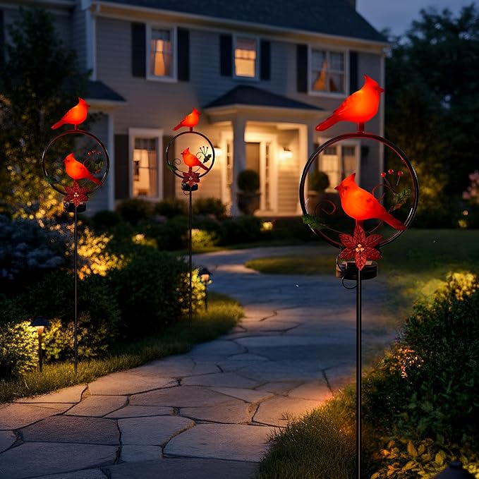 Cardinal Garden Decor Red Cardinal Figurine Solar Lights Garden Stake Outdoor Decor, Christmas Yard Decorations for Patio Porch Pathway Lawn Ornaments, Cemetery Solar Light Red Bird Gift