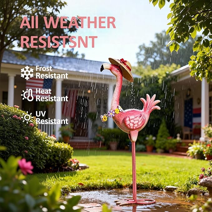 Natelf Flamingo Metal Garden Statue Outdoor Pink Hawaii Flamingo Yard Art Sculpture Decor with Flower Lei & Straw Hat, Waterproof Rust-Proof Lawn Decor for Patio, Poolside, Tropical Party