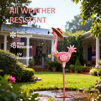Natelf Flamingo Metal Garden Statue Outdoor Pink Hawaii Flamingo Yard Art Sculpture Decor with Flower Lei & Straw Hat, Waterproof Rust-Proof Lawn Decor for Patio, Poolside, Tropical Party