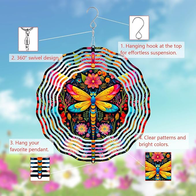 Dragonfly Wind Spinner, 3D Metal Kinetic Hanging Wind Sculpture Spinners for Yard and Garden Decoration, 10 inch Ornament Spinner