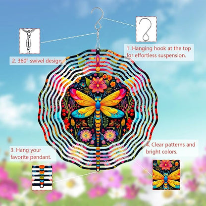 Dragonfly Wind Spinner, 3D Metal Kinetic Hanging Wind Sculpture Spinners for Yard and Garden Decoration, 10 inch Ornament Spinner