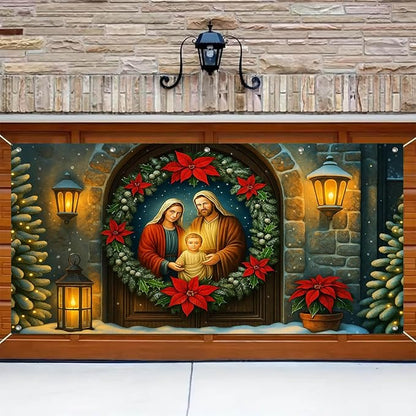 HOMETITUTE 13x6ft Holy Family Garage Door Banner Nativity Christmas Baby Jesus Mary Joseph Polyester Large Outdoor Decoration for Holiday Party Winter Yard Home School Church Community