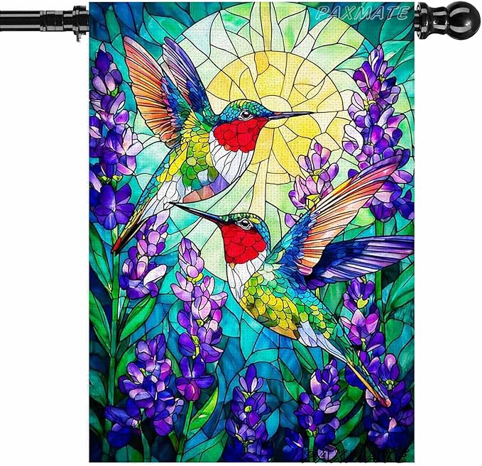Spring Summer Hummingbird House Flag Double Sided 28x40 Inch, Stained Glass Hummingbird Floral Outdoor Flag Seasonal Farmhouse Outside Outdoor Decoration