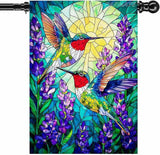 Spring Summer Hummingbird House Flag Double Sided 28x40 Inch, Stained Glass Hummingbird Floral Outdoor Flag Seasonal Farmhouse Outside Outdoor Decoration