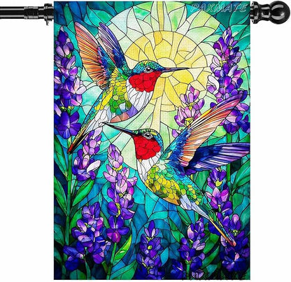 Spring Summer Hummingbird House Flag Double Sided 28x40 Inch, Stained Glass Hummingbird Floral Outdoor Flag Seasonal Farmhouse Outside Outdoor Decoration