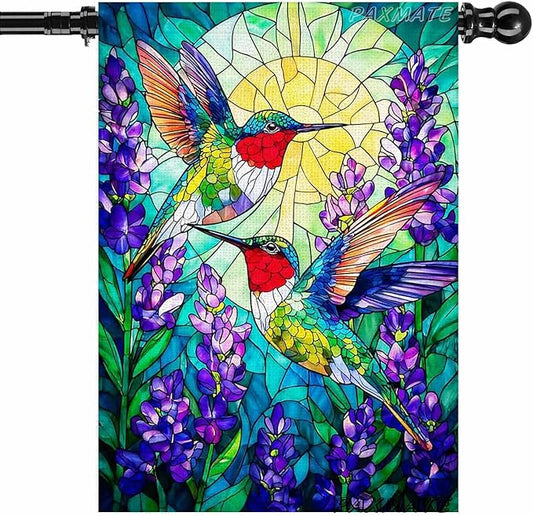 Spring Summer Hummingbird House Flag Double Sided 28x40 Inch, Stained Glass Hummingbird Floral Outdoor Flag Seasonal Farmhouse Outside Outdoor Decoration
