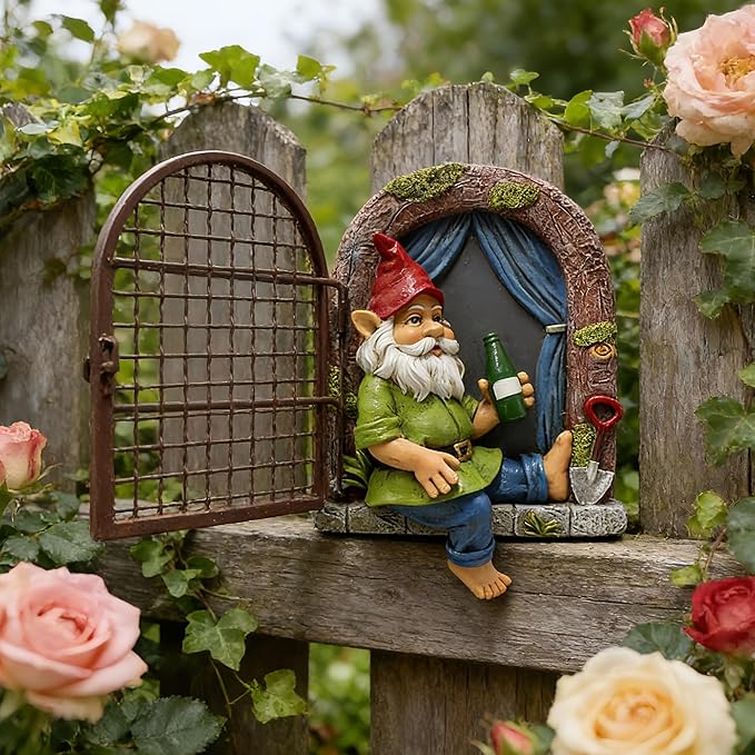 Spring 2026 Garden Gnome Window Statue for Trees and Wall, Drinking Dwarf Fairy Miniature Accessories, Patio Art Sculpture Decor for Lawn Yard
