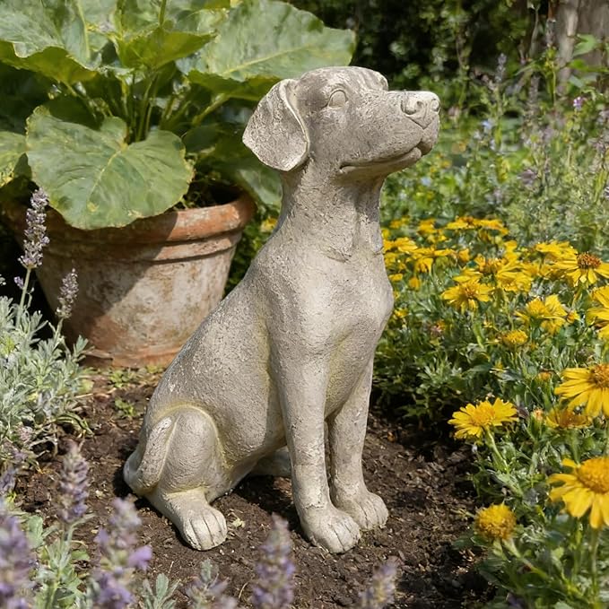 Cynkeyee Outdoor Garden Dog Statue - 15 Inch Resin Sitting Labrador Sculpture, Decorative Figurine for Patio, Lawn, Yard, Porch (White)