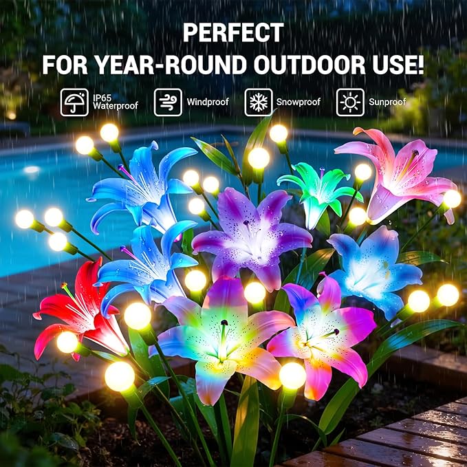 WdtPro Upgraded Solar Garden Lights Outdoor: 4 Pack Solar Firefly Swaying Light with Colorful LED Lily Flower, Waterproof Garden Decor for Yard Patio Pathway Lawn, Gifts for Women (2 Rosy+2 Pink)