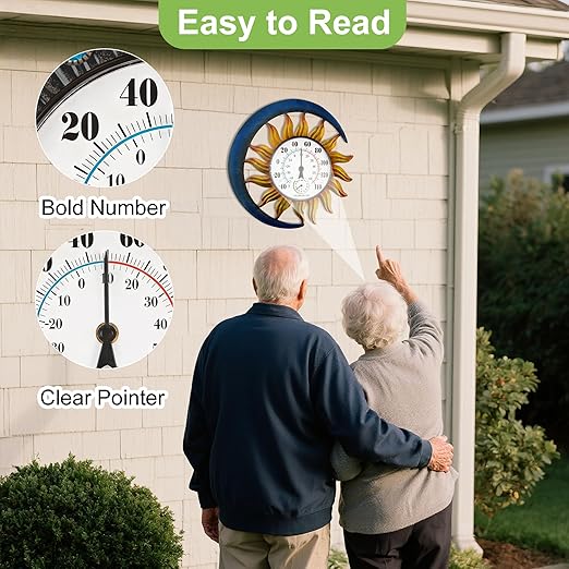 pealstar Outdoor Thermometer with Hygrometer Waterproof Large Wall Thermometer Decorative Metal Sun-Moon Outdoor Thermometers for Patio Garden Yard Living Room Decor