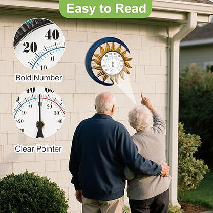 pealstar Outdoor Thermometer with Hygrometer Waterproof Large Wall Thermometer Decorative Metal Sun-Moon Outdoor Thermometers for Patio Garden Yard Living Room Decor