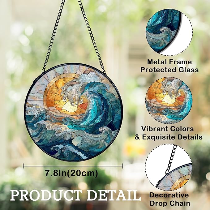 Coastal Ocean Waves Suncatchers Stained Glass Window Hanging, Ocean Beach Sun Catchers Indoor Window Glass Round Wall Decor, 7.9x7.9in