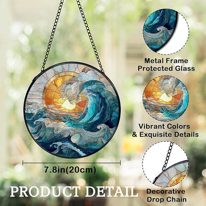 Coastal Ocean Waves Suncatchers Stained Glass Window Hanging, Ocean Beach Sun Catchers Indoor Window Glass Round Wall Decor, 7.9x7.9in
