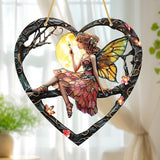 1PC Flower Fairy Acrylic Stained Glass Suncatcher Nature Heart-Shaped Magic and Butterfly Girls Suncatcher Hanging Decoration with Cord SunCatchers for Window Decor Outdoor Garden Decor Gift (red)