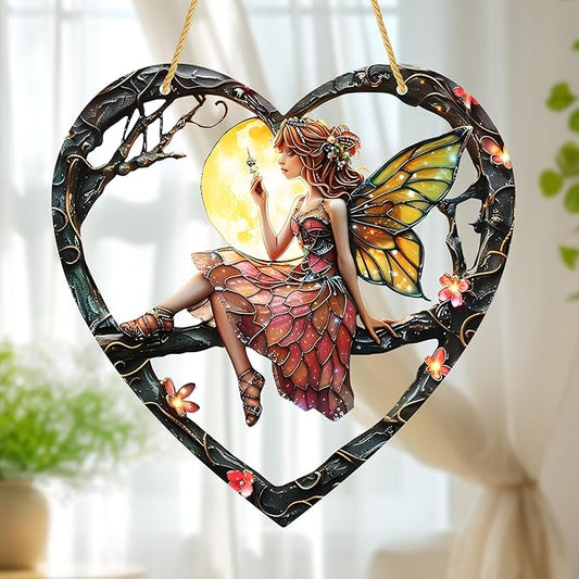 1PC Flower Fairy Acrylic Stained Glass Suncatcher Nature Heart-Shaped Magic and Butterfly Girls Suncatcher Hanging Decoration with Cord SunCatchers for Window Decor Outdoor Garden Decor Gift (red)