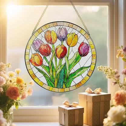 Stained Glass Window Hanging, 8 Inch Tulips Stained Glass Suncatcher, Botanical Lover Gift, Flowers Sun Catcher, Colorful Window Decor, Tulips Housewarming Gifts, Gifts for Mom Her