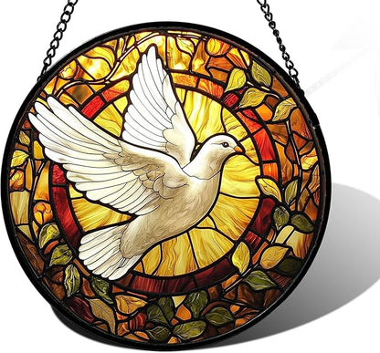 DASTOLL Stained Glass Window Hanging, Flying White Dove Sun Catchers Diamond Glass Panel Hangings Cute Birds Suncatcher Decor for Birthday for Women, Men, Wife, Aunt, and Mom 6.3 in