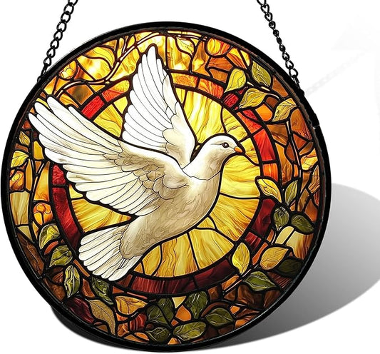 DASTOLL Stained Glass Window Hanging, Flying White Dove Sun Catchers Diamond Glass Panel Hangings Cute Birds Suncatcher Decor for Birthday for Women, Men, Wife, Aunt, and Mom 9.8X9.8 in