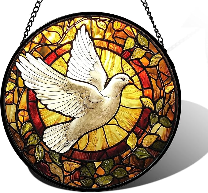 DASTOLL Stained Glass Window Hanging, Flying White Dove Sun Catchers Diamond Glass Panel Hangings Cute Birds Suncatcher Decor for Birthday for Women, Men, Wife, Aunt, and Mom 11.8 in