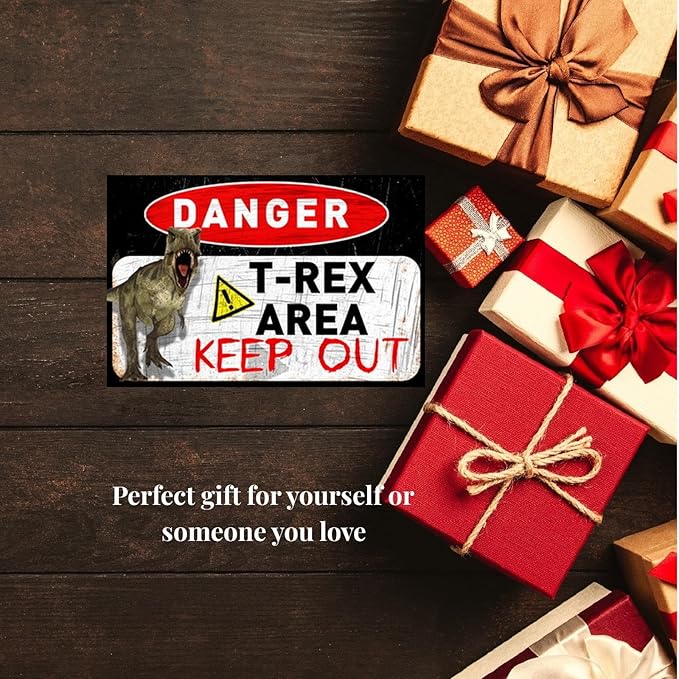 Funny Beware of Dog Sign Private Property No Trespassing Warning Signs, Danger T-Rex Area Keep out, Yard Sign Garage Farm Garden Wall Decor Sign Plaque Outdoor for Home Fence 8 X 12 Inches