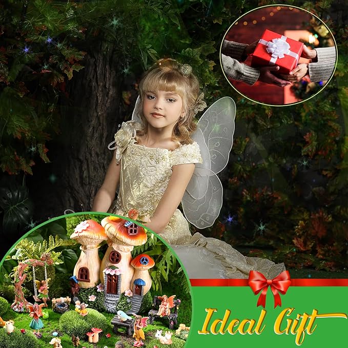 HyDren 100 Pcs Fairy House Garden Kit Accessories Miniatures Fairy Figures Gnomes Mushroom House Solar Light Resin Dwarfs Statue Micro Landscape Ornaments for DIY Yard Outdoor Dollhouse Decoration