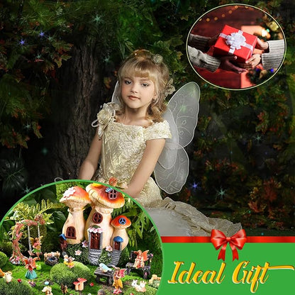 HyDren 100 Pcs Fairy House Garden Kit Accessories Miniatures Fairy Figures Gnomes Mushroom House Solar Light Resin Dwarfs Statue Micro Landscape Ornaments for DIY Yard Outdoor Dollhouse Decoration