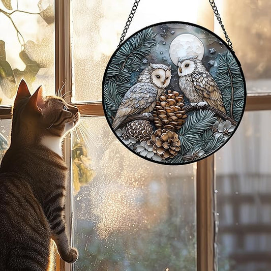 Stained Glass Window Hanging - Owl On A Tree Suncatcher for Doors Garden Patio Winter Scene Sun Catchers Decor Christmas Mother's Day Birthday Gifts for Women Men Mom Nana Friend 9.8 in