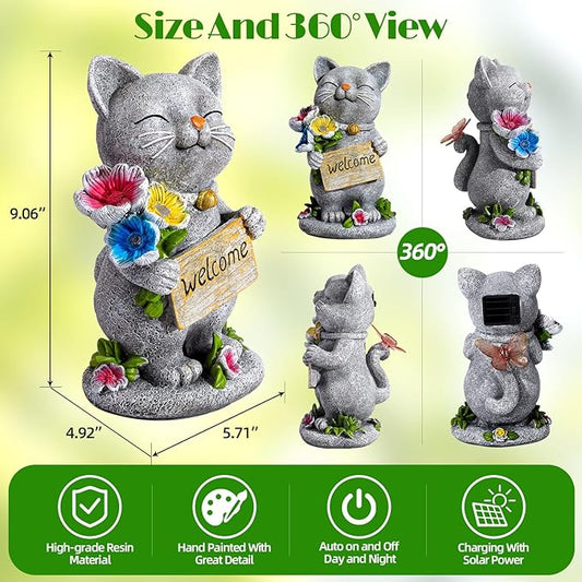 Garden Outdoor Statues Solar Cat Outside Statue Garden Decor for Yard Patio Porch Home Lawn Balcony, Gifts for Grandma Mother Women