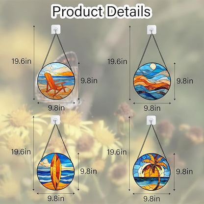 DASTOLL Stained Glass Window Hanging 4 Pcs Set Blue Orange Ocean Beach Theme 9.8" - Suncatcher Door Garden Sun Catcher Decor Birthday Christmas for Mom Woman Nana Men Wife