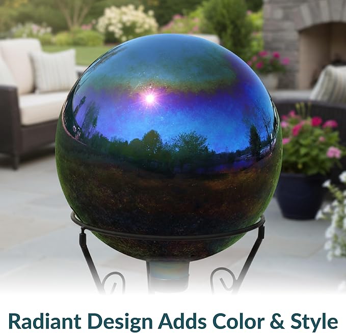 Sunnydaze 10-Inch Gazing Ball for Garden - Glass Gazing Globe with Mirrored Stainless Steel Finish - Rainbow
