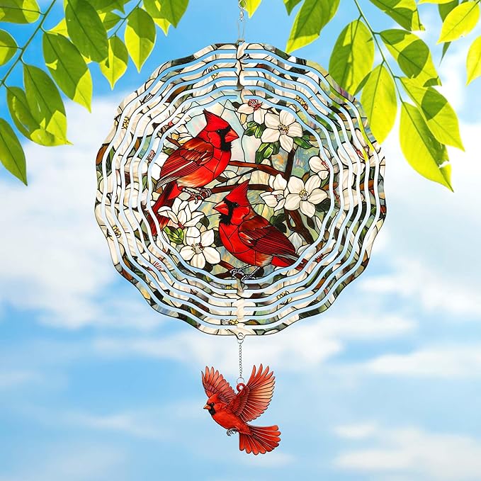 FLAGWIX Cardinal Gifts for Women Men - Cardinal Decor 3D Stainless Steel Wind Spinners Outdoor 12 in - Garden Spinners Outdoor, Cardinals Wind Spinner for Garden Decor, Gardening Gifts for Mom Grandma