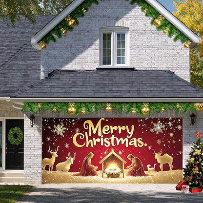 HOMETITUTE Christmas Garage Door Banner 13x6ft Holiday Decoration with Gold Figures Baby Jesus and Mary Red Background Snowflakes Deer Sheep Festive Outdoor Indoor Backdrop
