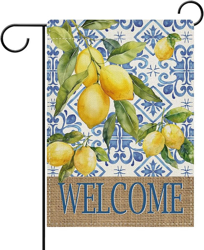 Dyrenson Welcome Italian Capri Blue Lemon Decorative Garden Flag, Amalfi Coast Citrus Italy Tile Pattern Yard Outside Home Decoration, Summer Mediterranean Outdoor Small Decor Double Sided 12 x 18