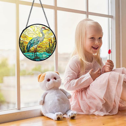 Beach Ocean Blue Heron Suncatchers Stained Glass Window Hanging, Coastal Ocean Sun Catchers Indoor Window Glass Round Wall Decor, Beachy Wall Hanging Decorations, 7.9x7.9in