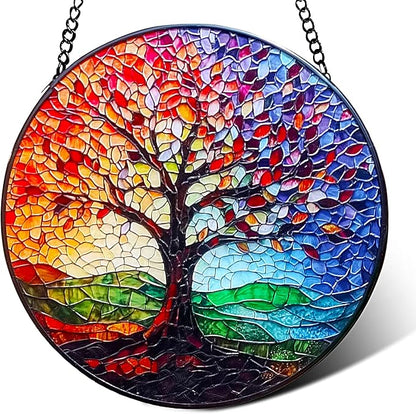 Stained Glass Tree of Life Suncatcher - 7.8In Handcrafted Window Hanging & Wall Art for Home, Living Room, Garden & Outdoor Porch Decor - Birthday, for Women Mom Teacher
